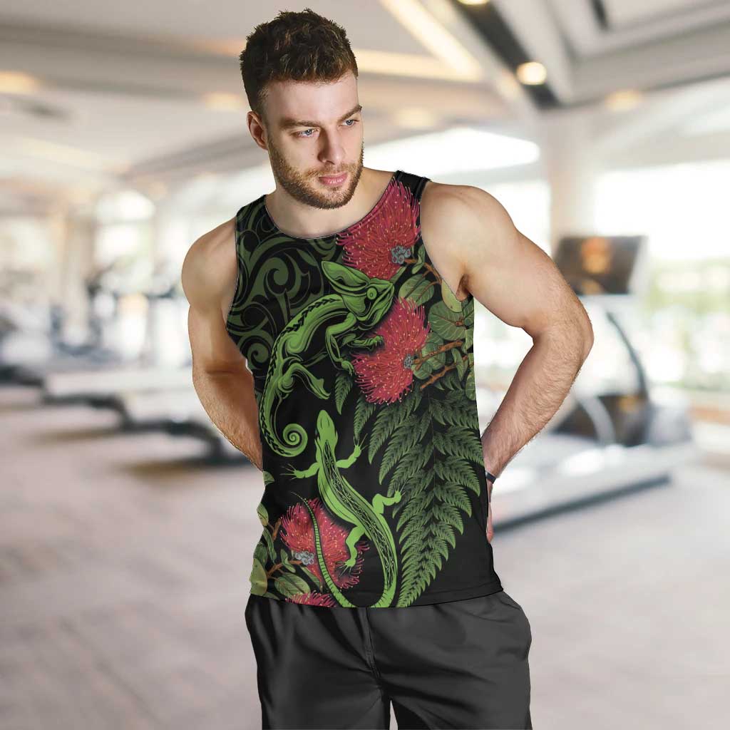 New Zealand Chameleon and Gecko Men Tank Top Maori Silver Fern and Pohutukawa Decoration LT03 Green - Polynesian Pride