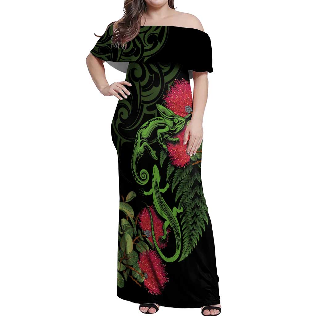 New Zealand Chameleon and Gecko Off Shoulder Maxi Dress Maori Silver Fern and Pohutukawa Decoration