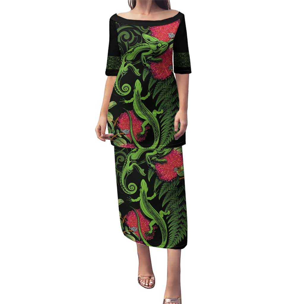 New Zealand Chameleon and Gecko Puletasi Maori Silver Fern and Pohutukawa Decoration LT03 Long Dress Green - Polynesian Pride