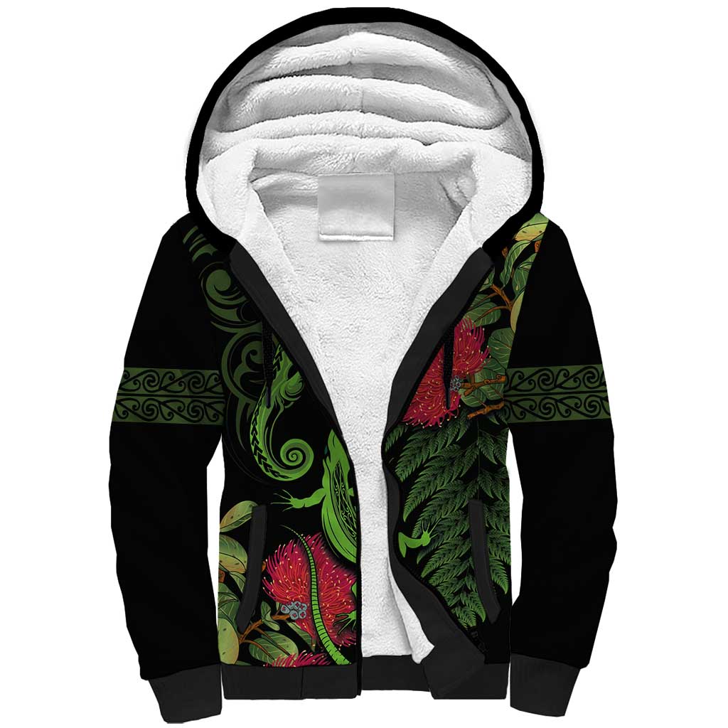 New Zealand Chameleon and Gecko Sherpa Hoodie Maori Silver Fern and Pohutukawa Decoration