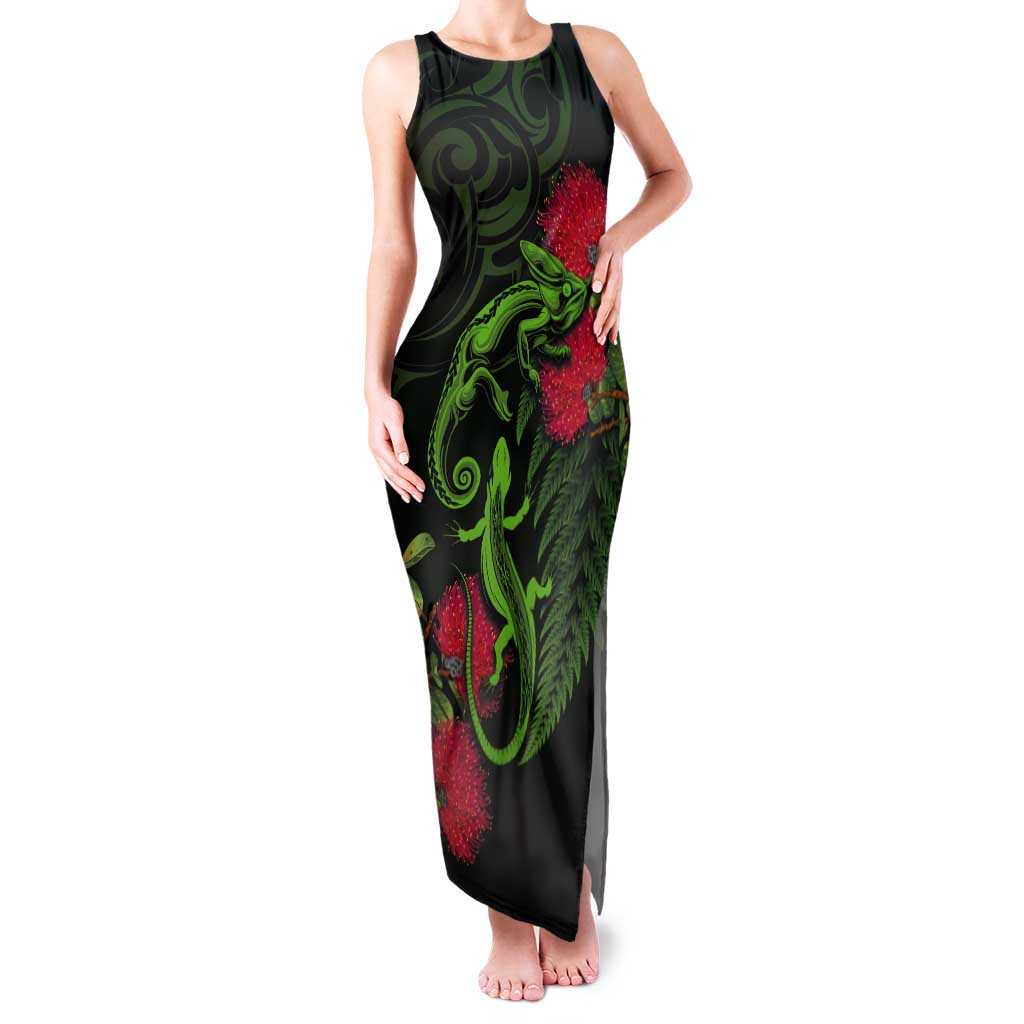 New Zealand Chameleon and Gecko Tank Maxi Dress Maori Silver Fern and Pohutukawa Decoration