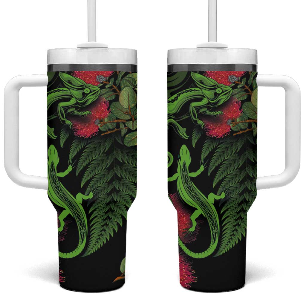 New Zealand Chameleon and Gecko Tumbler With Handle Maori Silver Fern and Pohutukawa Decoration LT03 One Size: 40 oz Green - Polynesian Pride
