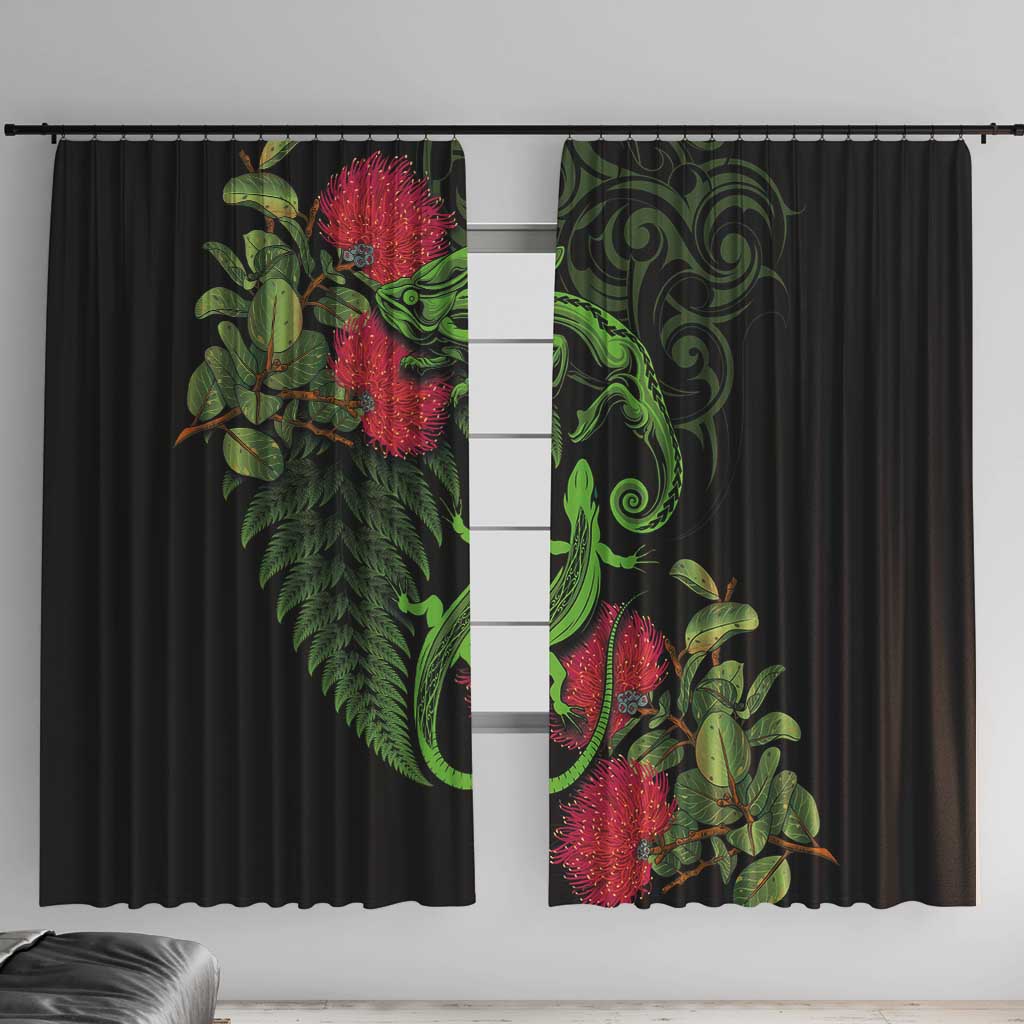 New Zealand Chameleon and Gecko Window Curtain Maori Silver Fern and Pohutukawa Decoration LT03 With Hooks Green - Polynesian Pride