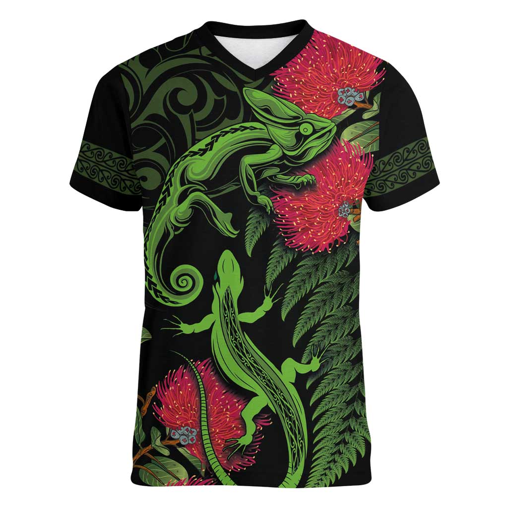 New Zealand Chameleon and Gecko Women V-Neck T-Shirt Maori Silver Fern and Pohutukawa Decoration