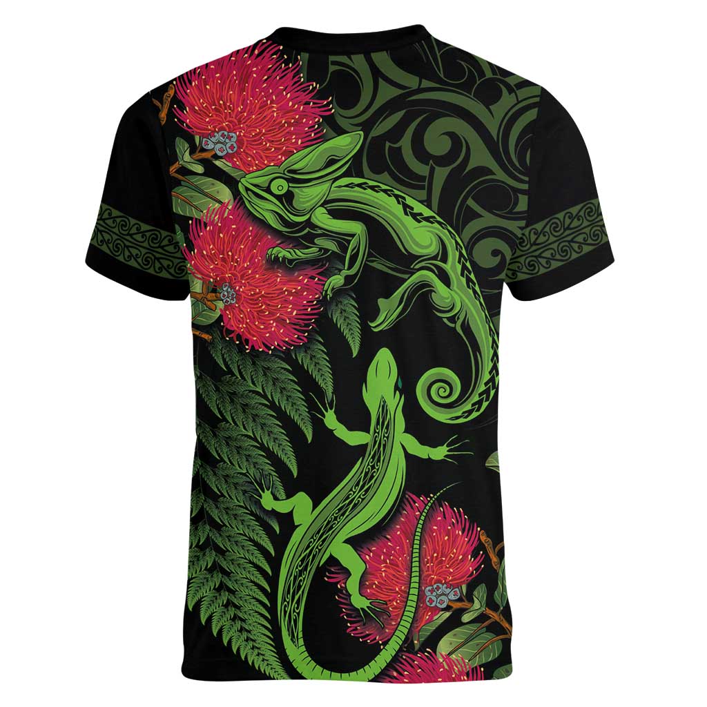 New Zealand Chameleon and Gecko Women V-Neck T-Shirt Maori Silver Fern and Pohutukawa Decoration
