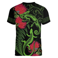 New Zealand Chameleon and Gecko Women V-Neck T-Shirt Maori Silver Fern and Pohutukawa Decoration