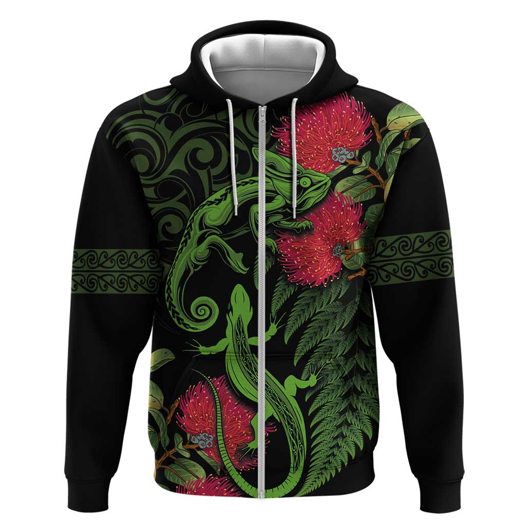 New Zealand Chameleon and Gecko Zip Hoodie Maori Silver Fern and Pohutukawa Decoration