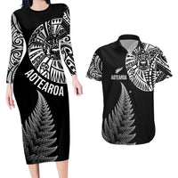 Personalised New Zealand Maori Art Tattoo and Silver Fern Couples Matching Long Sleeve Bodycon Dress and Hawaiian Shirt
