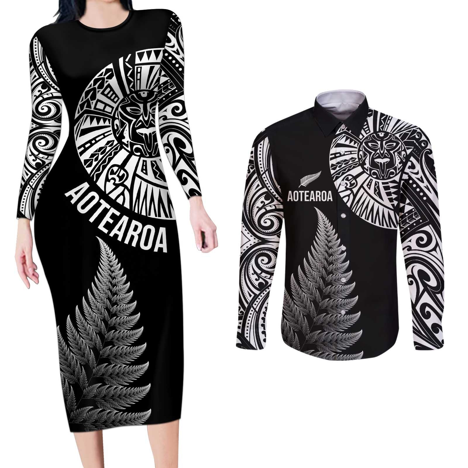 Personalised New Zealand Maori Art Tattoo and Silver Fern Couples Matching Long Sleeve Bodycon Dress and Long Sleeve Button Shirt LT03 Black - Polynesian Pride