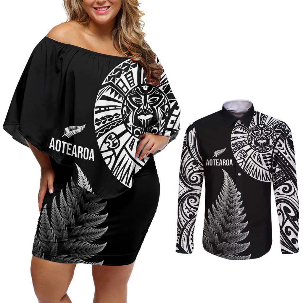 Personalised New Zealand Maori Art Tattoo and Silver Fern Couples Matching Off Shoulder Short Dress and Long Sleeve Button Shirt