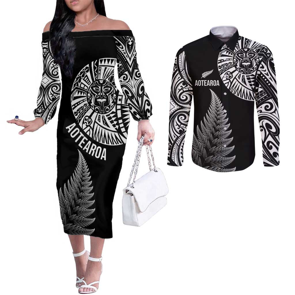 Personalised New Zealand Maori Art Tattoo and Silver Fern Couples Matching Off The Shoulder Long Sleeve Dress and Long Sleeve Button Shirt