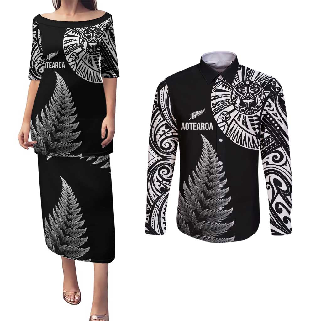 Personalised New Zealand Maori Art Tattoo and Silver Fern Couples Matching Puletasi and Long Sleeve Button Shirt LT03 Black - Polynesian Pride