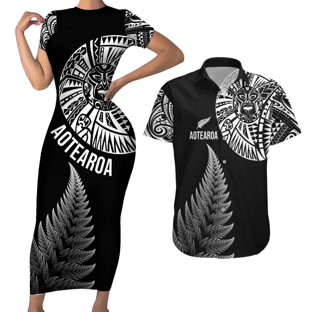 Personalised New Zealand Maori Art Tattoo and Silver Fern Couples Matching Short Sleeve Bodycon Dress and Hawaiian Shirt LT03 Black - Polynesian Pride