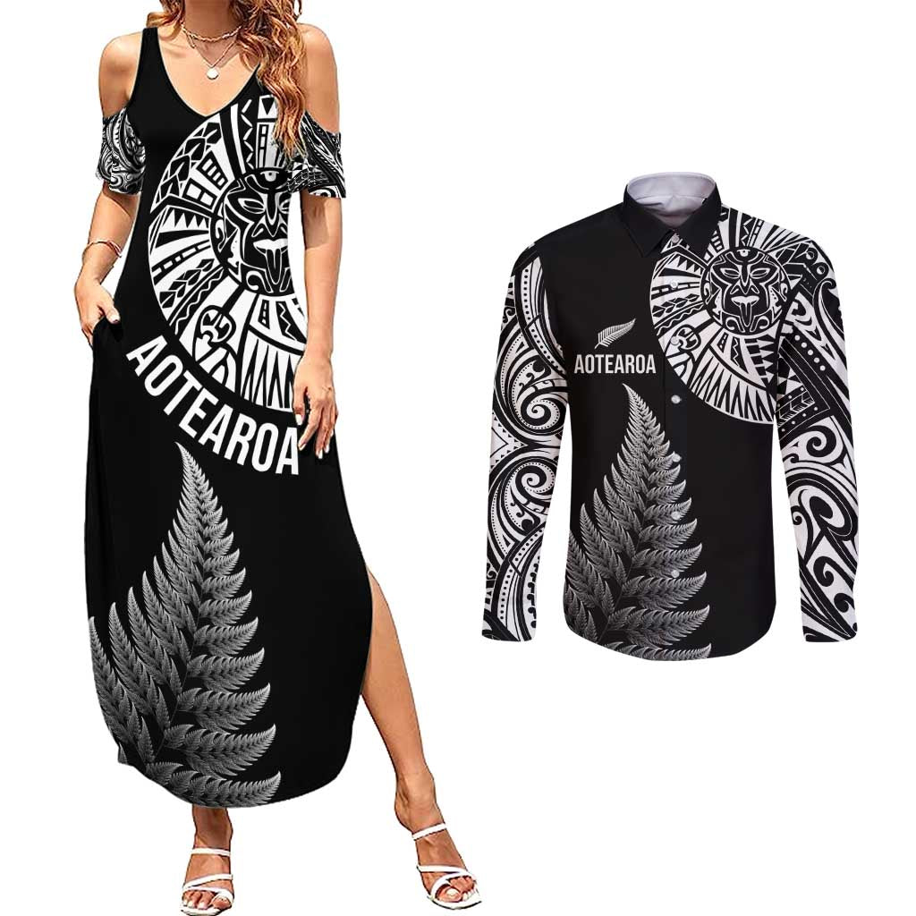 Personalised New Zealand Maori Art Tattoo and Silver Fern Couples Matching Summer Maxi Dress and Long Sleeve Button Shirt LT03 Black - Polynesian Pride