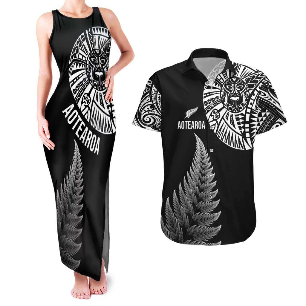 Personalised New Zealand Maori Art Tattoo and Silver Fern Couples Matching Tank Maxi Dress and Hawaiian Shirt