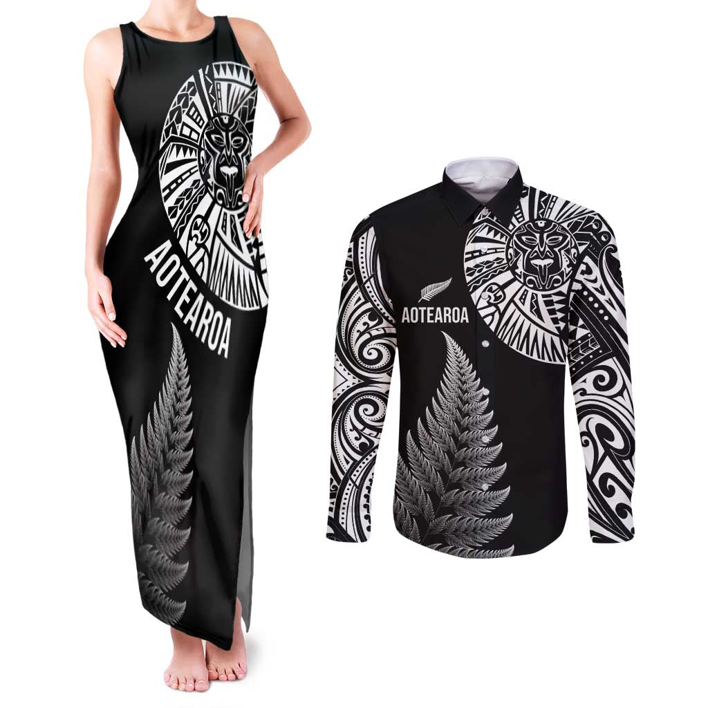 Personalised New Zealand Maori Art Tattoo and Silver Fern Couples Matching Tank Maxi Dress and Long Sleeve Button Shirt LT03 Black - Polynesian Pride