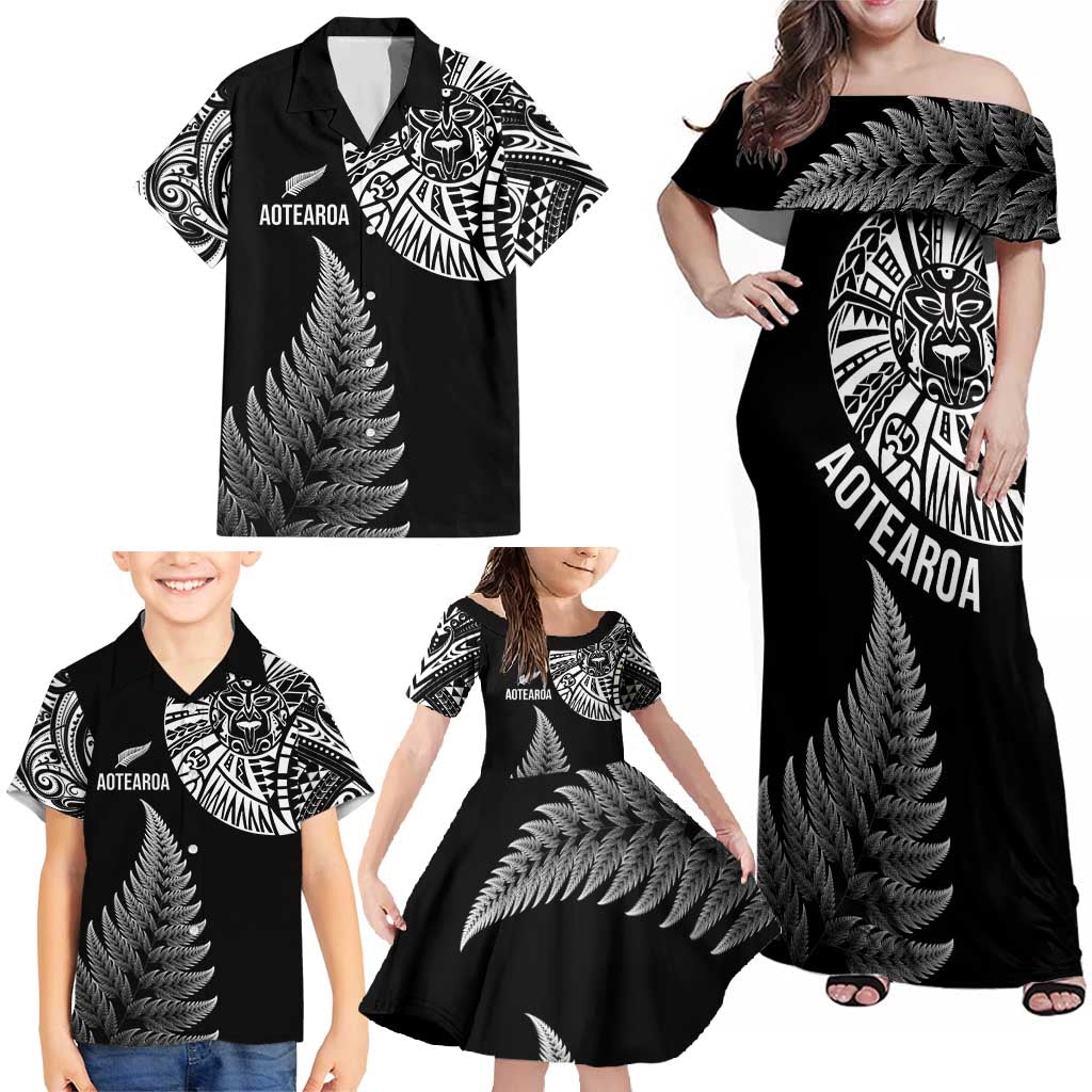 Personalised New Zealand Maori Art Tattoo and Silver Fern Family Matching Off Shoulder Maxi Dress and Hawaiian Shirt