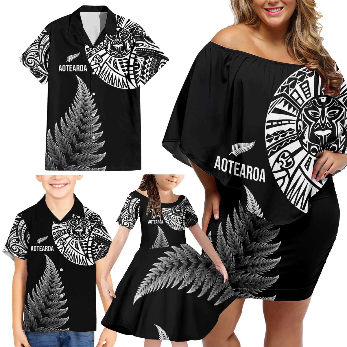 Personalised New Zealand Maori Art Tattoo and Silver Fern Family Matching Off Shoulder Short Dress and Hawaiian Shirt