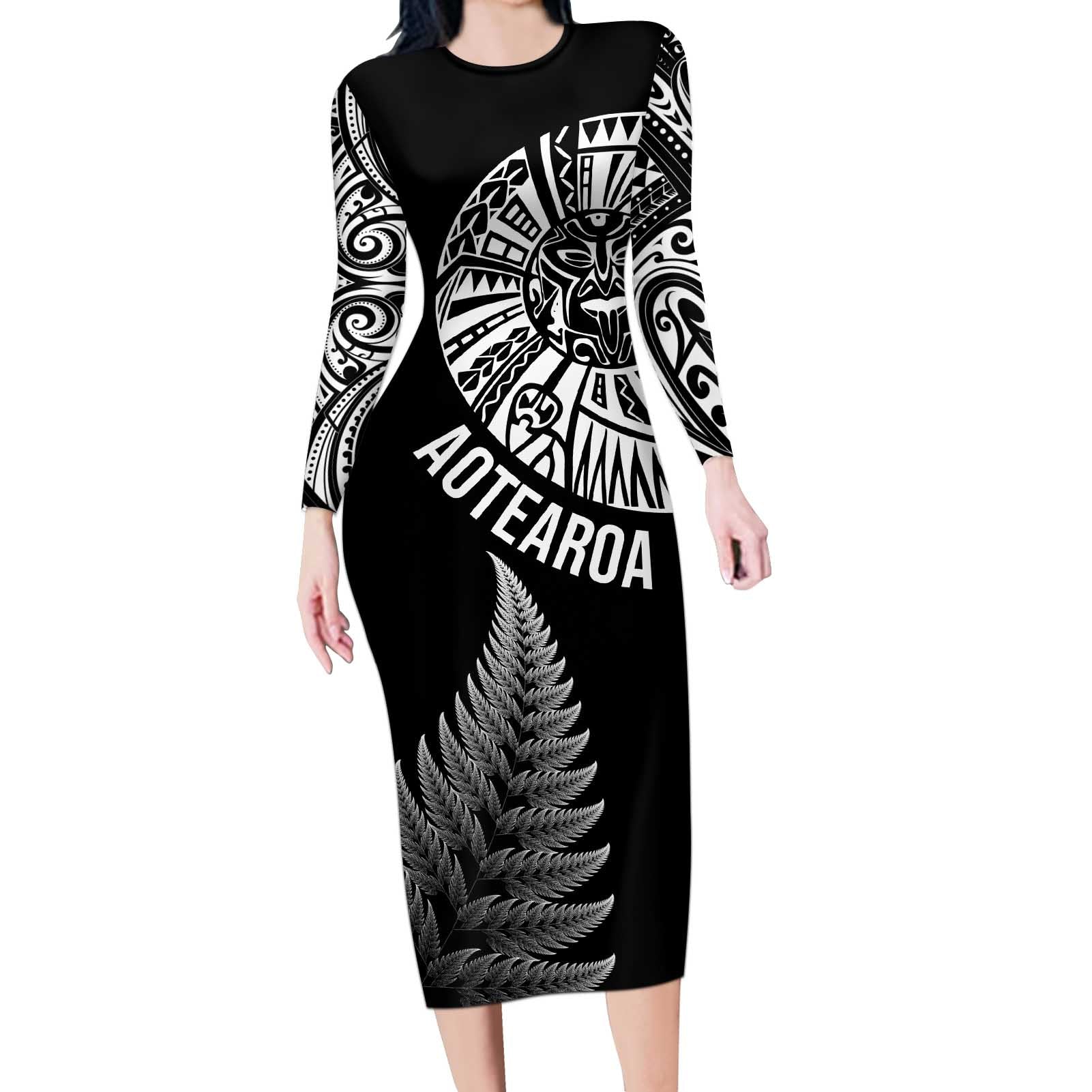 Personalised New Zealand Maori Art Tattoo and Silver Fern Long Sleeve Bodycon Dress