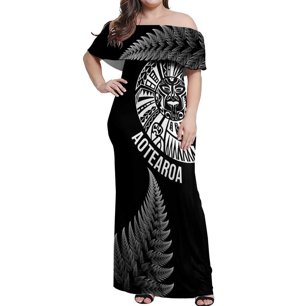 Personalised New Zealand Maori Art Tattoo and Silver Fern Off Shoulder Maxi Dress