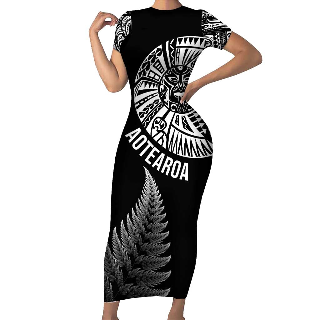 Personalised New Zealand Maori Art Tattoo and Silver Fern Short Sleeve Bodycon Dress