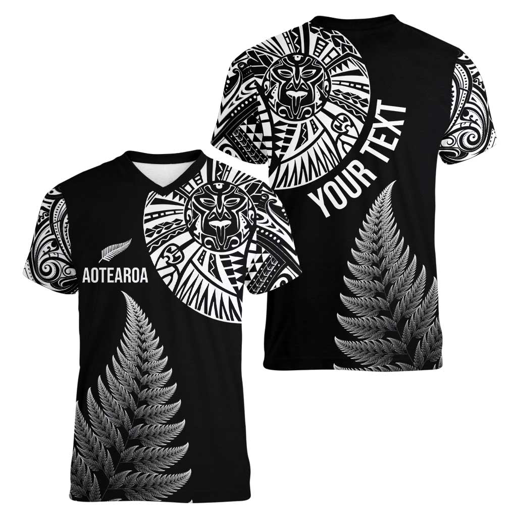 Personalised New Zealand Maori Art Tattoo and Silver Fern Women V-Neck T-Shirt
