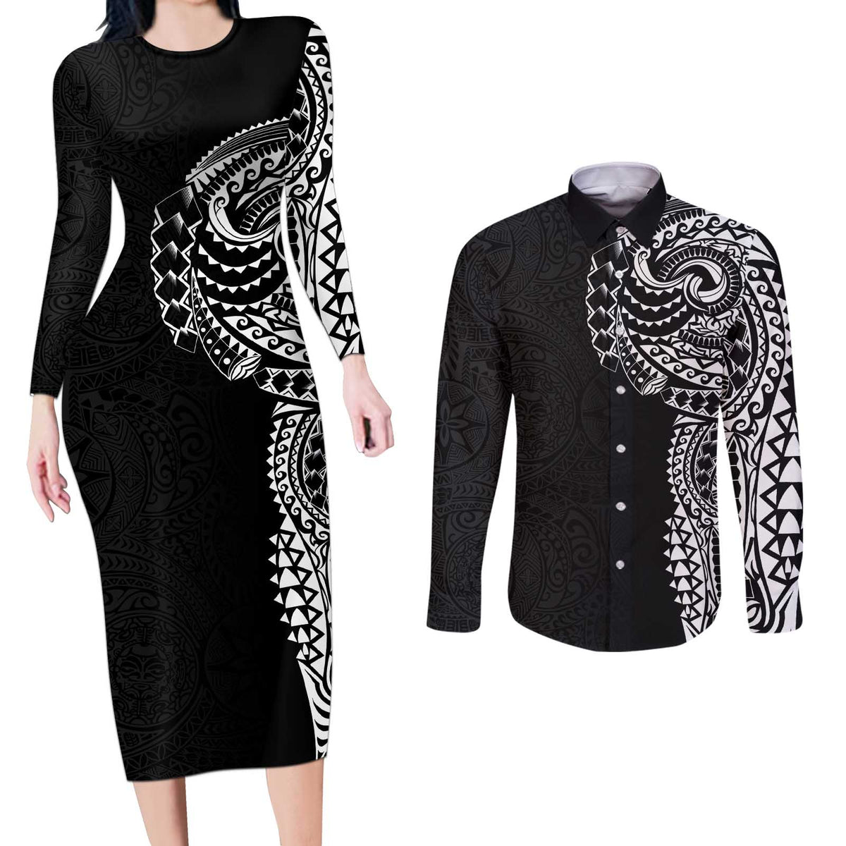 Polynesian Art Traditional Tattoo Pattern Couples Matching Long Sleeve Bodycon Dress and Long Sleeve Button Shirt LT03 Black - Polynesian Pride
