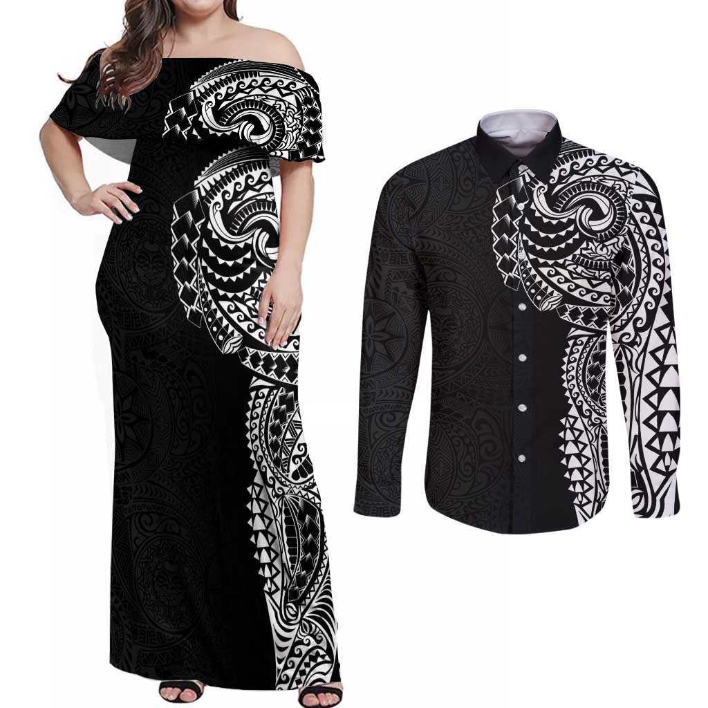 Polynesian Art Traditional Tattoo Pattern Couples Matching Off Shoulder Maxi Dress and Long Sleeve Button Shirt LT03 Black - Polynesian Pride