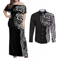 Polynesian Art Traditional Tattoo Pattern Couples Matching Off Shoulder Maxi Dress and Long Sleeve Button Shirt LT03 Black - Polynesian Pride