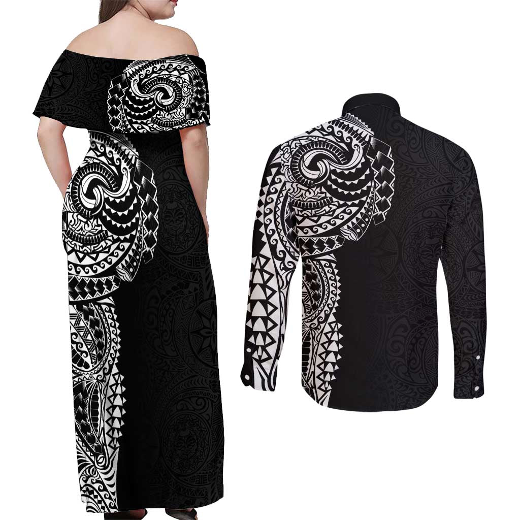 Polynesian Art Traditional Tattoo Pattern Couples Matching Off Shoulder Maxi Dress and Long Sleeve Button Shirt LT03 - Polynesian Pride