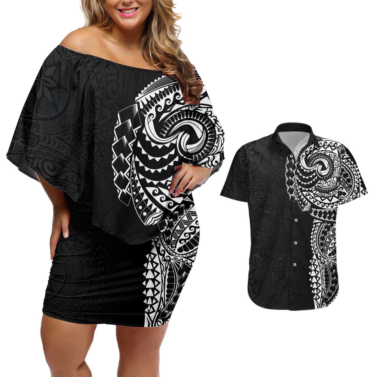 Polynesian Art Traditional Tattoo Pattern Couples Matching Off Shoulder Short Dress and Hawaiian Shirt LT03 Black - Polynesian Pride