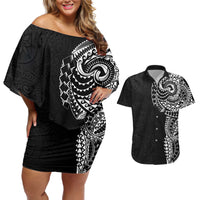 Polynesian Art Traditional Tattoo Pattern Couples Matching Off Shoulder Short Dress and Hawaiian Shirt LT03 Black - Polynesian Pride