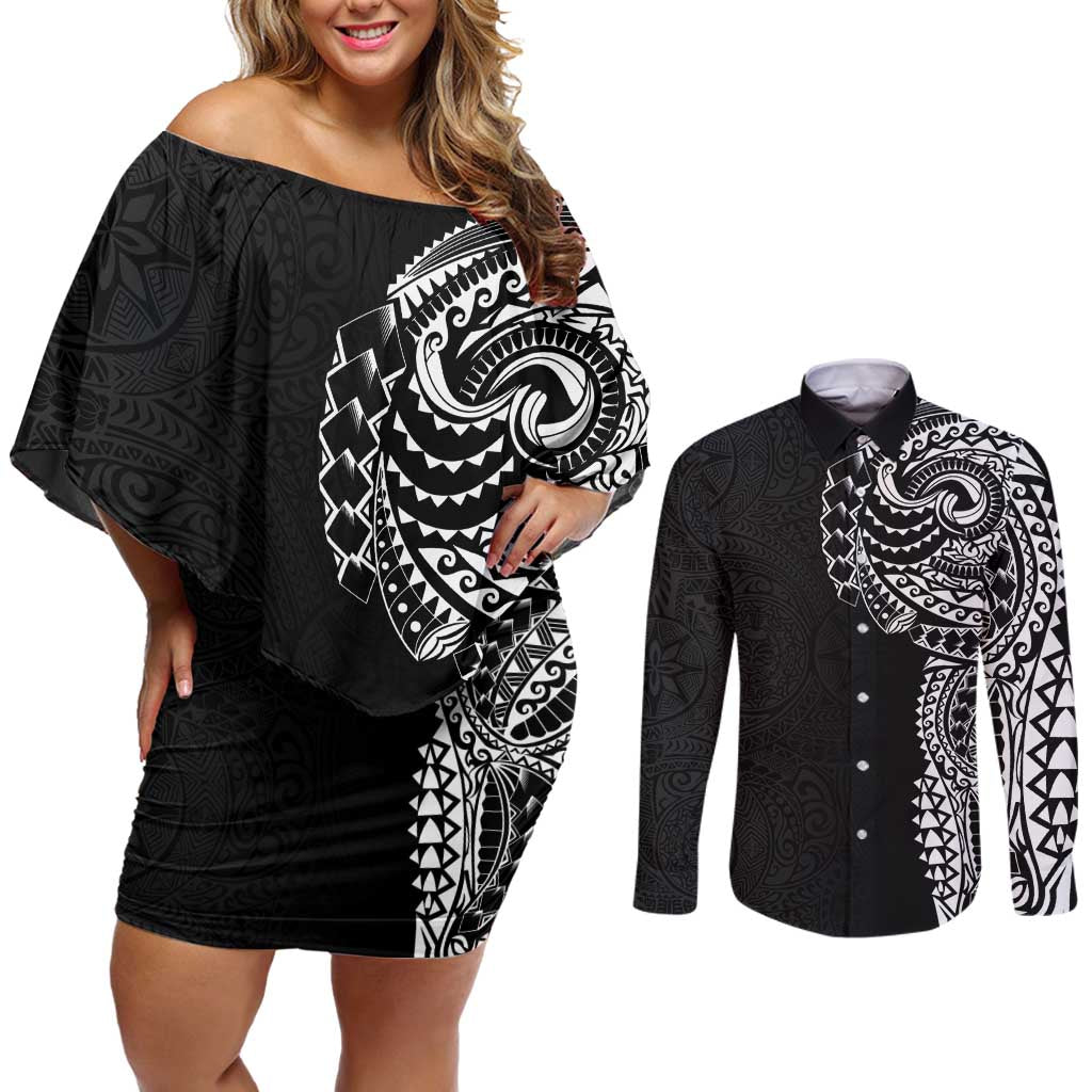 Polynesian Art Traditional Tattoo Pattern Couples Matching Off Shoulder Short Dress and Long Sleeve Button Shirt LT03 Black - Polynesian Pride