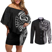 Polynesian Art Traditional Tattoo Pattern Couples Matching Off Shoulder Short Dress and Long Sleeve Button Shirt LT03 Black - Polynesian Pride