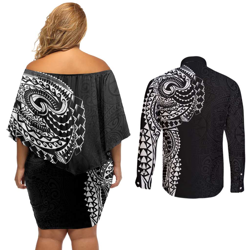 Polynesian Art Traditional Tattoo Pattern Couples Matching Off Shoulder Short Dress and Long Sleeve Button Shirt LT03 - Polynesian Pride