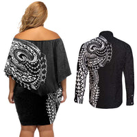 Polynesian Art Traditional Tattoo Pattern Couples Matching Off Shoulder Short Dress and Long Sleeve Button Shirt LT03 - Polynesian Pride