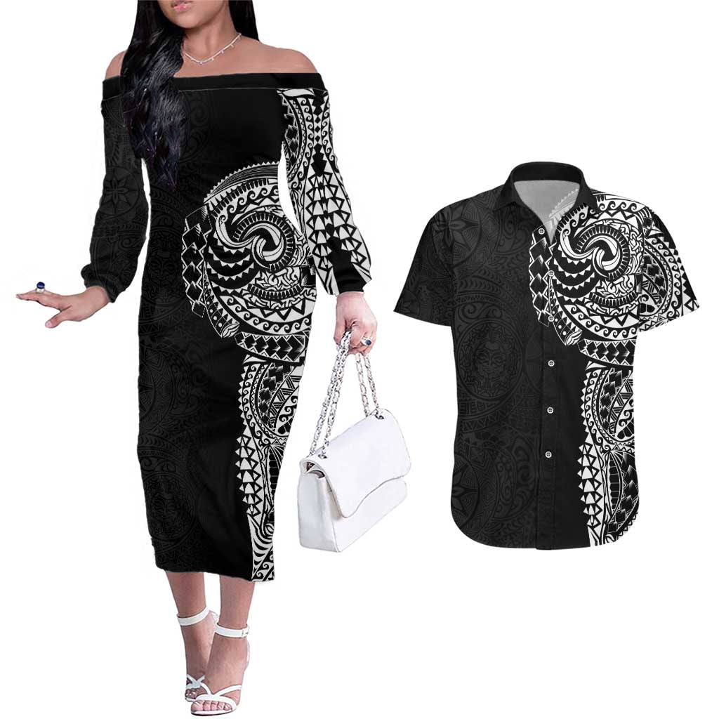 Polynesian Art Traditional Tattoo Pattern Couples Matching Off The Shoulder Long Sleeve Dress and Hawaiian Shirt LT03 Black - Polynesian Pride
