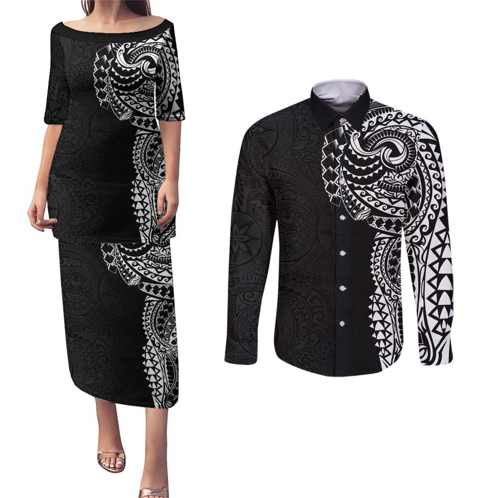Polynesian Art Traditional Tattoo Pattern Couples Matching Puletasi and Long Sleeve Button Shirt LT03 Black - Polynesian Pride
