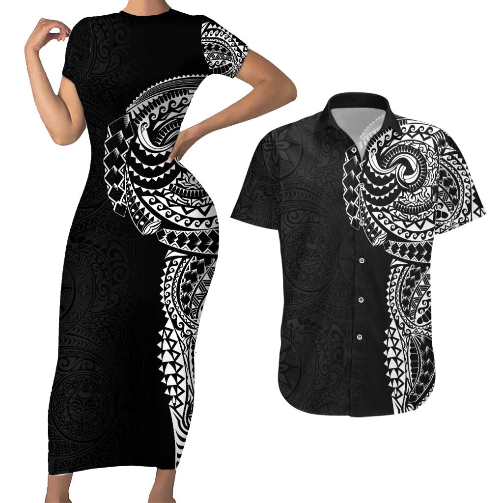 Polynesian Art Traditional Tattoo Pattern Couples Matching Short Sleeve Bodycon Dress and Hawaiian Shirt