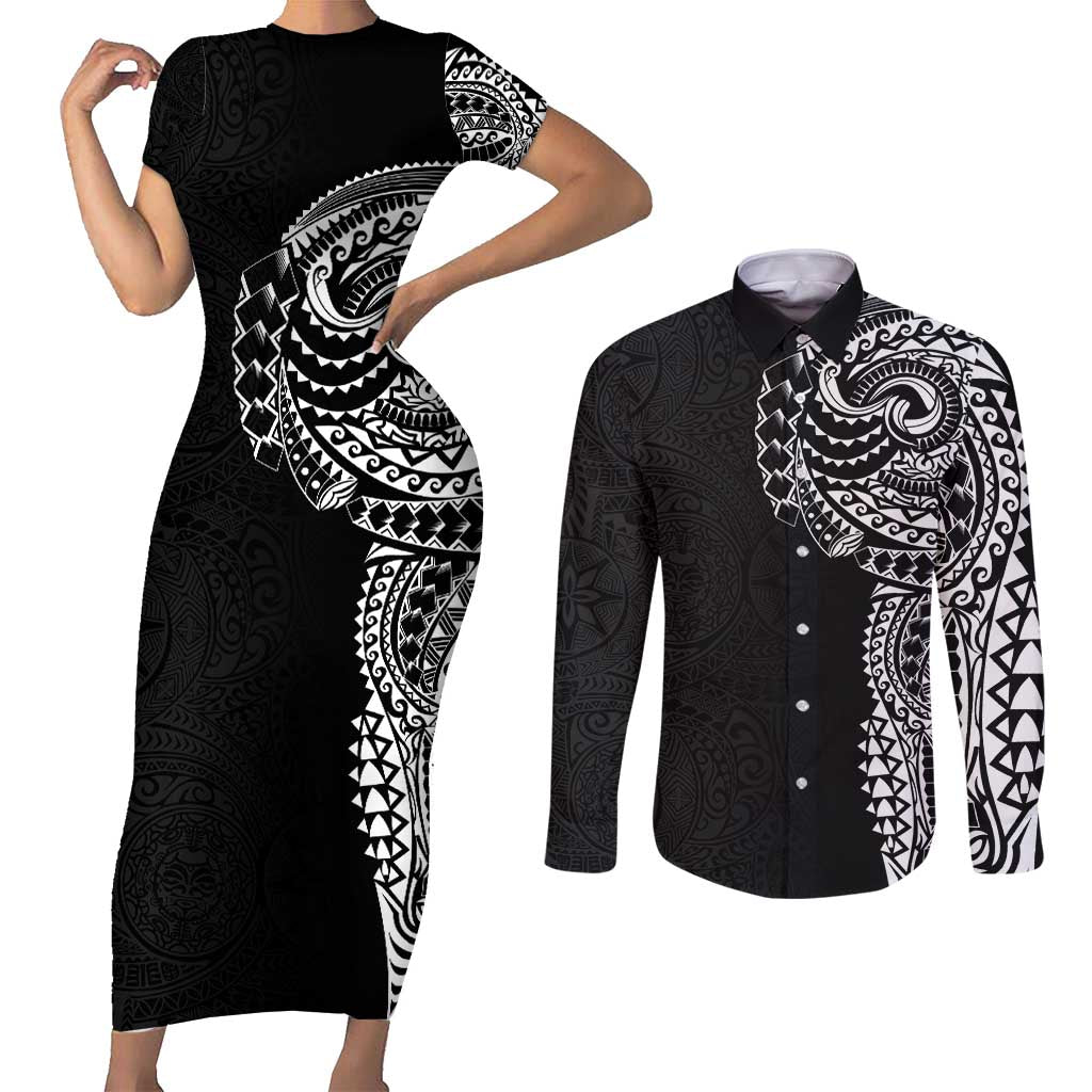Polynesian Art Traditional Tattoo Pattern Couples Matching Short Sleeve Bodycon Dress and Long Sleeve Button Shirt LT03 Black - Polynesian Pride