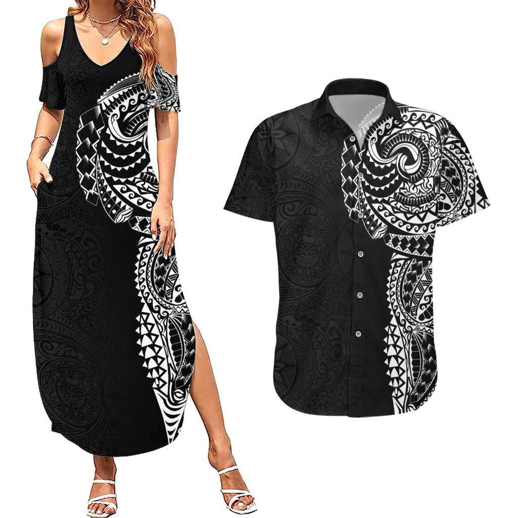 Polynesian Art Traditional Tattoo Pattern Couples Matching Summer Maxi Dress and Hawaiian Shirt LT03 Black - Polynesian Pride