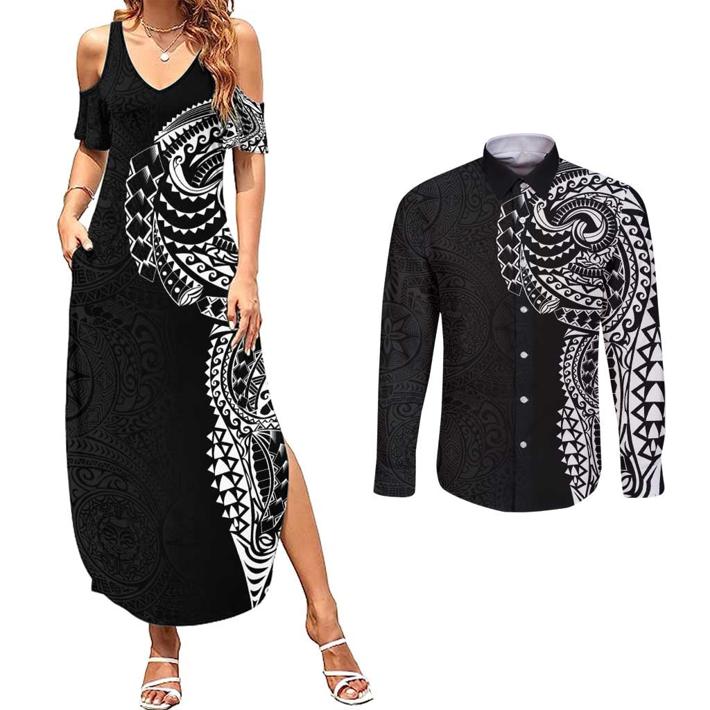 Polynesian Art Traditional Tattoo Pattern Couples Matching Summer Maxi Dress and Long Sleeve Button Shirt LT03 Black - Polynesian Pride