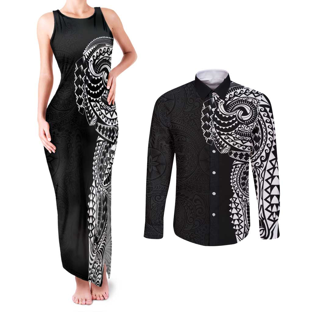 Polynesian Art Traditional Tattoo Pattern Couples Matching Tank Maxi Dress and Long Sleeve Button Shirt LT03 Black - Polynesian Pride