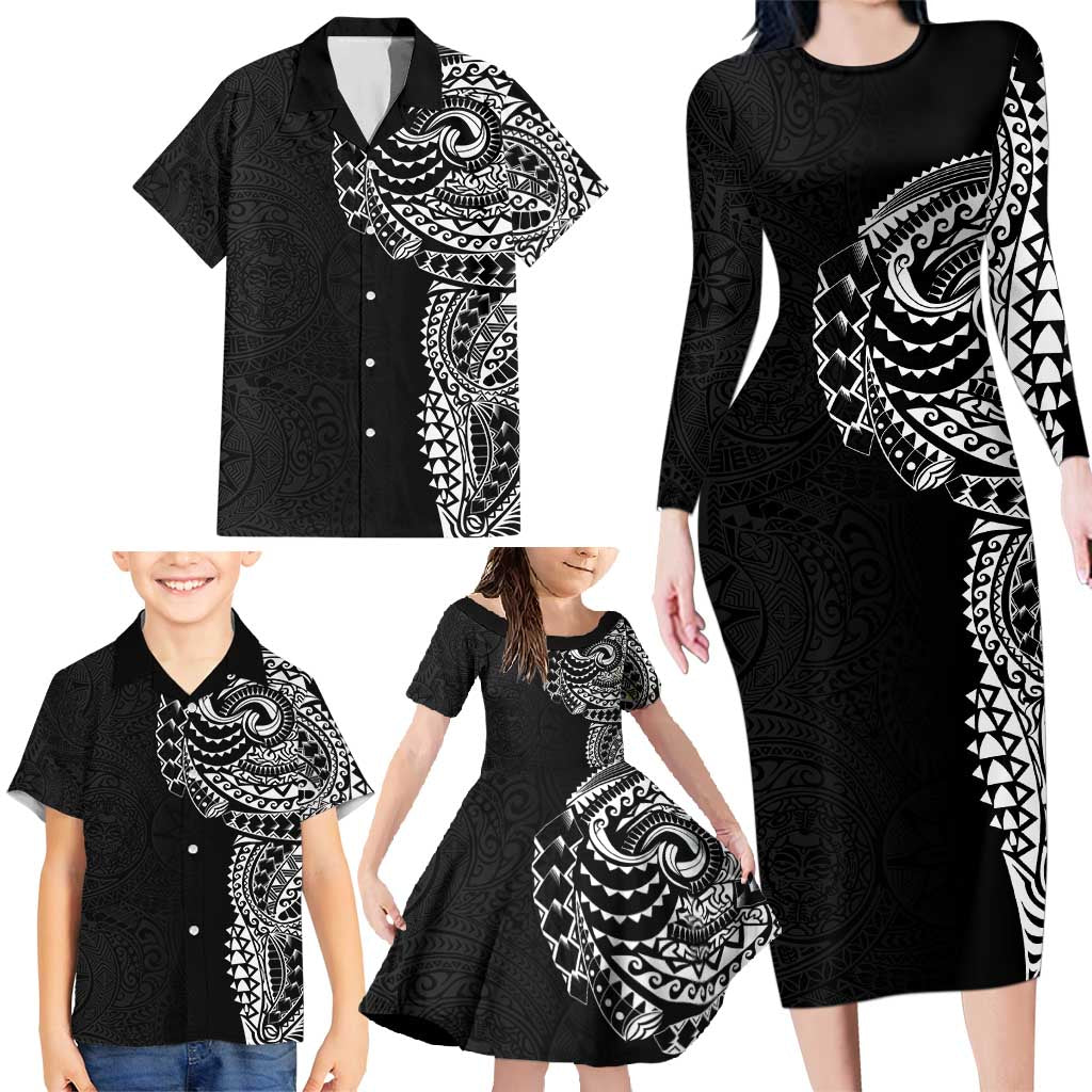 Polynesian Art Traditional Tattoo Pattern Family Matching Long Sleeve Bodycon Dress and Hawaiian Shirt