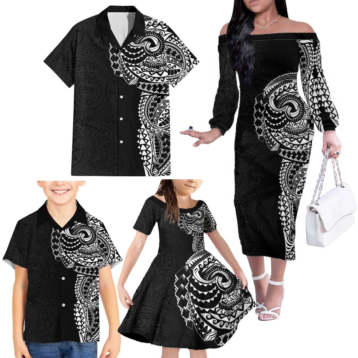 Polynesian Art Traditional Tattoo Pattern Family Matching Off The Shoulder Long Sleeve Dress and Hawaiian Shirt