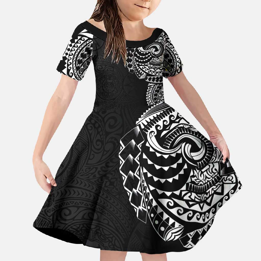 Polynesian Art Traditional Tattoo Pattern Family Matching Off Shoulder Maxi Dress and Hawaiian Shirt LT03 Daughter's Dress Black - Polynesian Pride