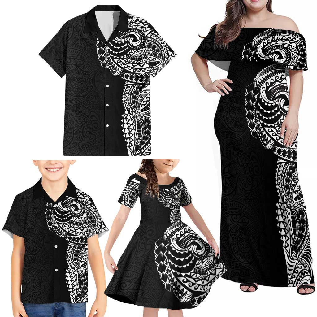 Polynesian Art Traditional Tattoo Pattern Family Matching Off Shoulder Maxi Dress and Hawaiian Shirt