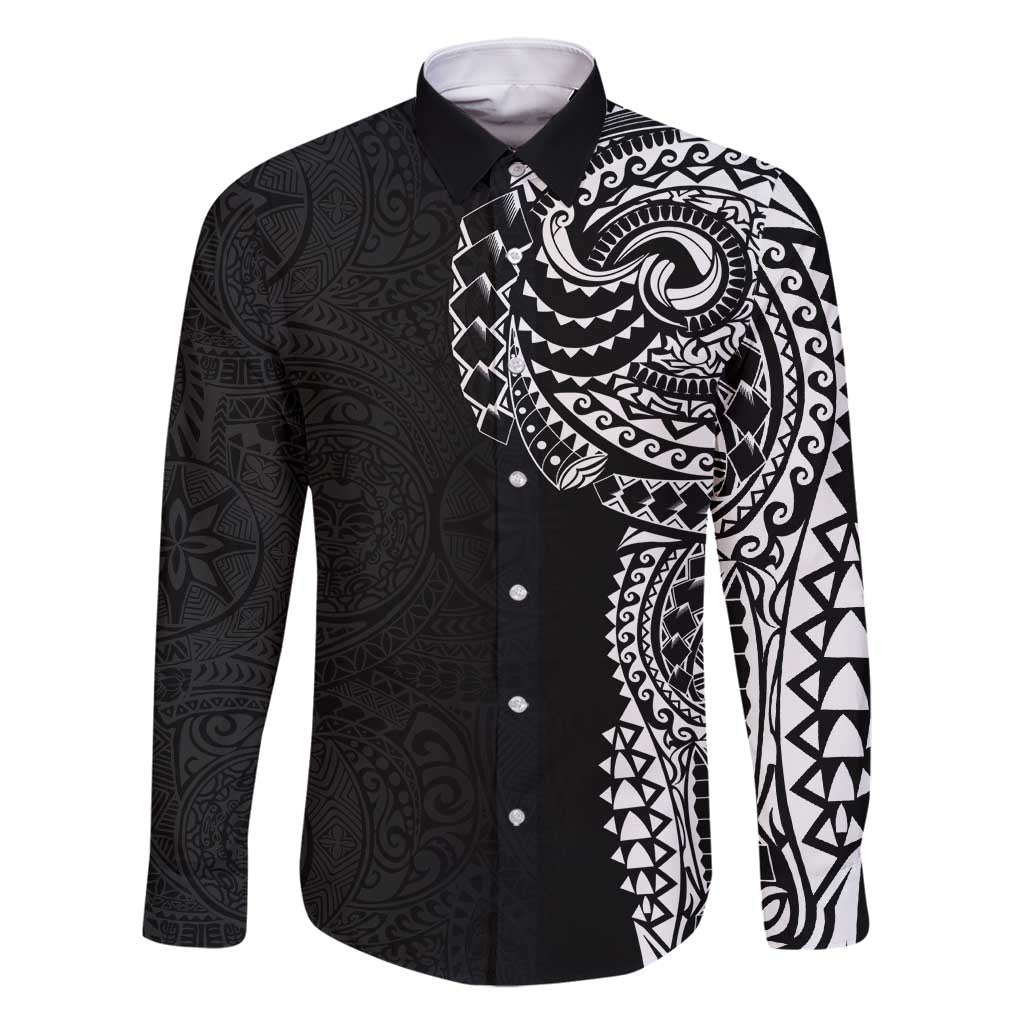 Polynesian Art Traditional Tattoo Pattern Family Matching Off Shoulder Maxi Dress and Hawaiian Shirt LT03 Dad's Shirt - Long Sleeve Black - Polynesian Pride