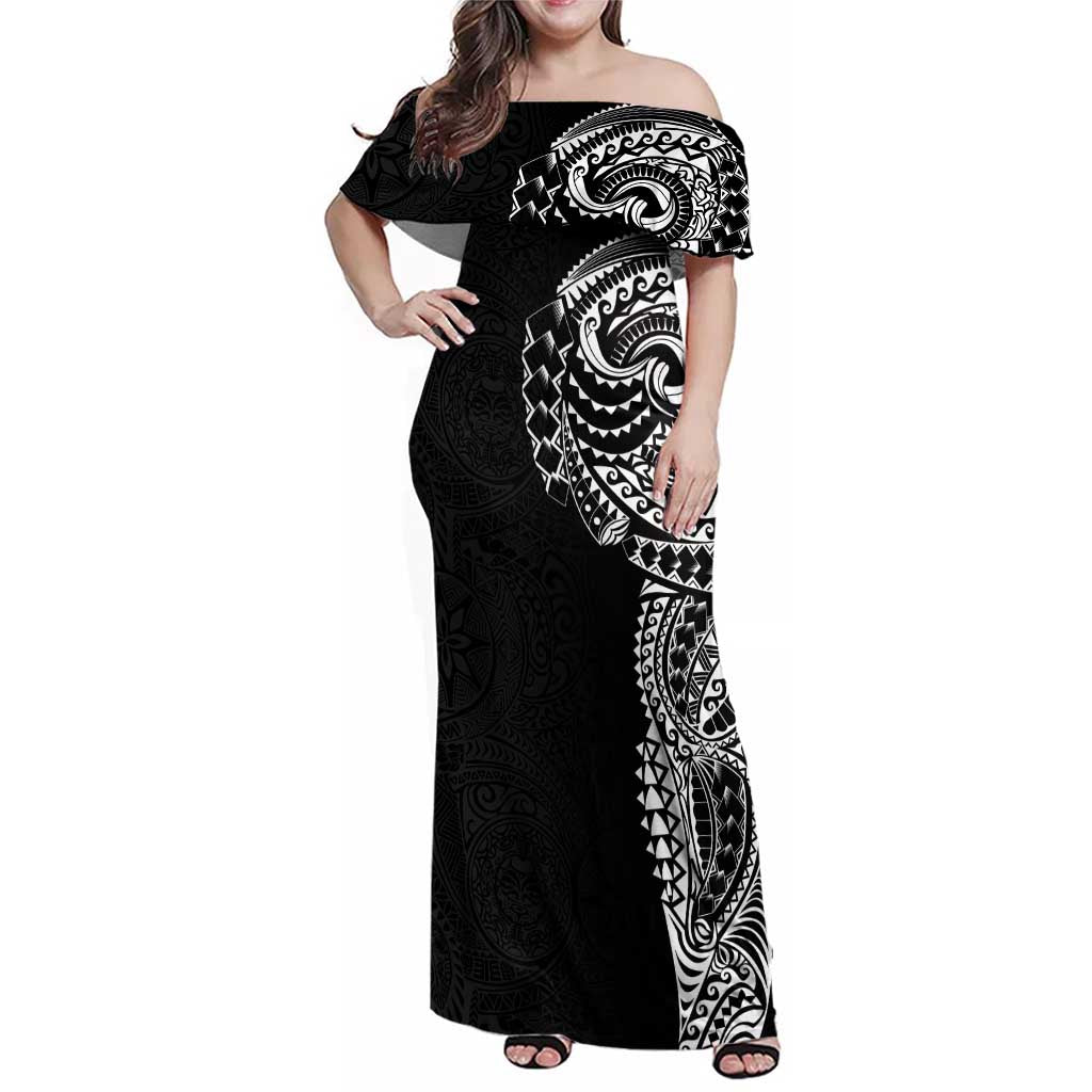 Polynesian Art Traditional Tattoo Pattern Family Matching Off Shoulder Maxi Dress and Hawaiian Shirt LT03 Mom's Dress Black - Polynesian Pride