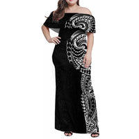Polynesian Art Traditional Tattoo Pattern Family Matching Off Shoulder Maxi Dress and Hawaiian Shirt LT03 Mom's Dress Black - Polynesian Pride